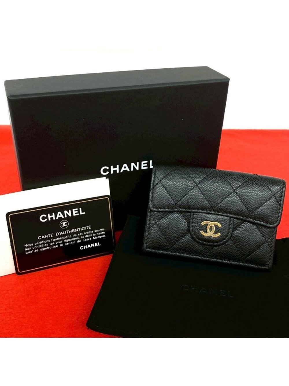 Chanel Box Card with Number 28 Quilted CC Logo Caviar Leather Trifold Wallet